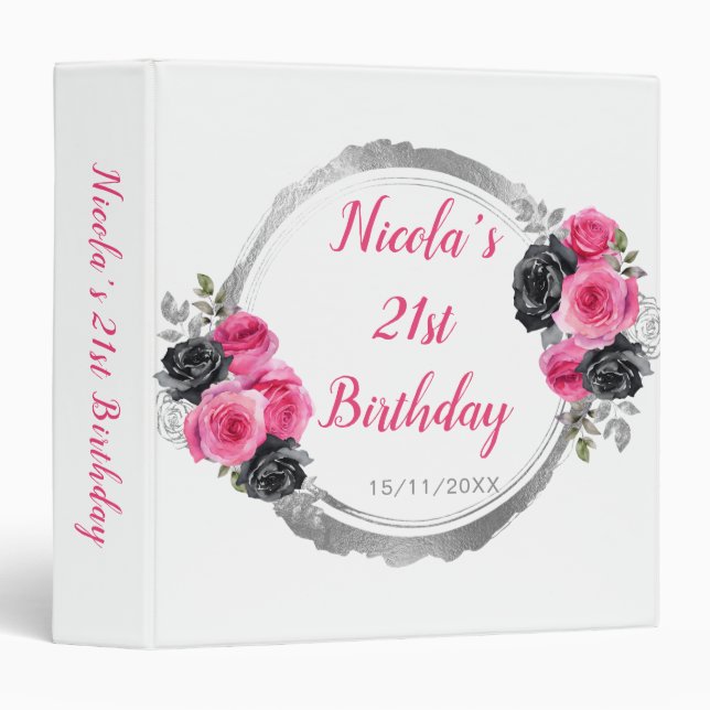 Hot Pink and Silver Elegant Flower Birthday Photo 3 Ring Binder (Front/Spine)