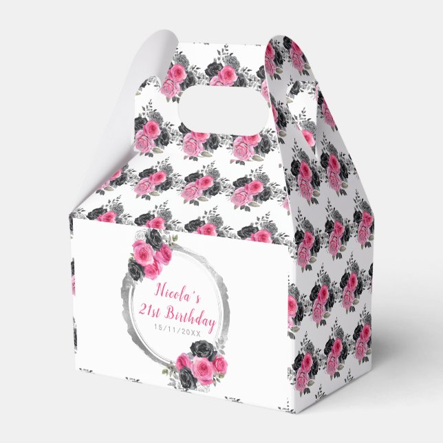 Hot Pink and Silver Elegant Flowers Birthday Favor Boxes (Front Side)