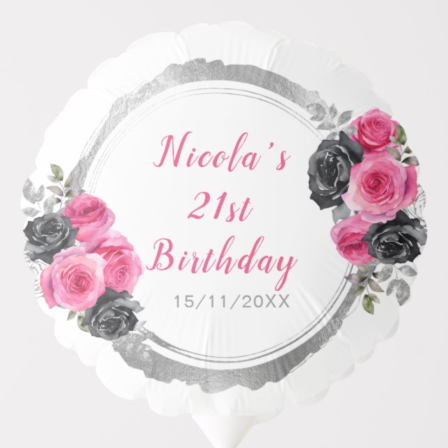 Hot Pink and Silver Elegant Flowers Birthday Party Balloon (Front)