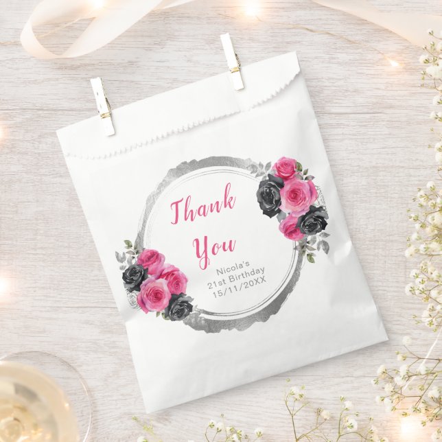 Hot Pink and Silver Elegant Flowers Birthday Party Favor Bag (Clipped)