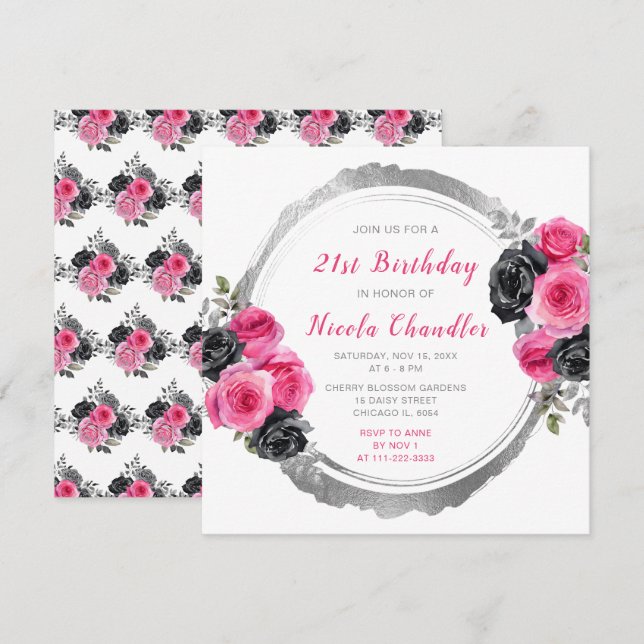 Hot Pink and Silver Elegant Flowers Birthday Party Invitation (Front/Back)