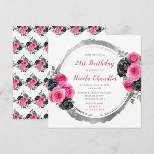 Hot Pink and Silver Elegant Flowers Birthday Party Invitation