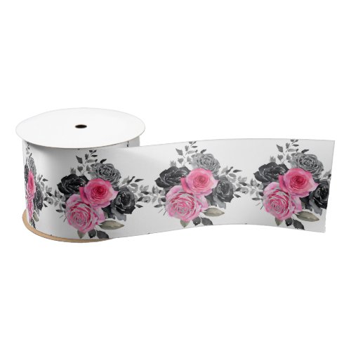 Hot Pink and Silver Elegant Flowers Satin Ribbon