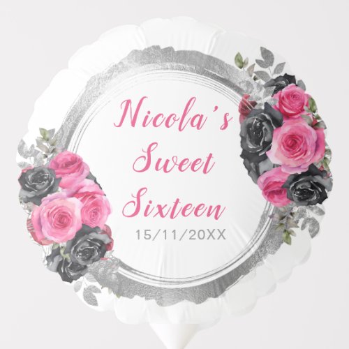 Hot Pink and Silver Elegant Flowers Sweet Sixteen Balloon