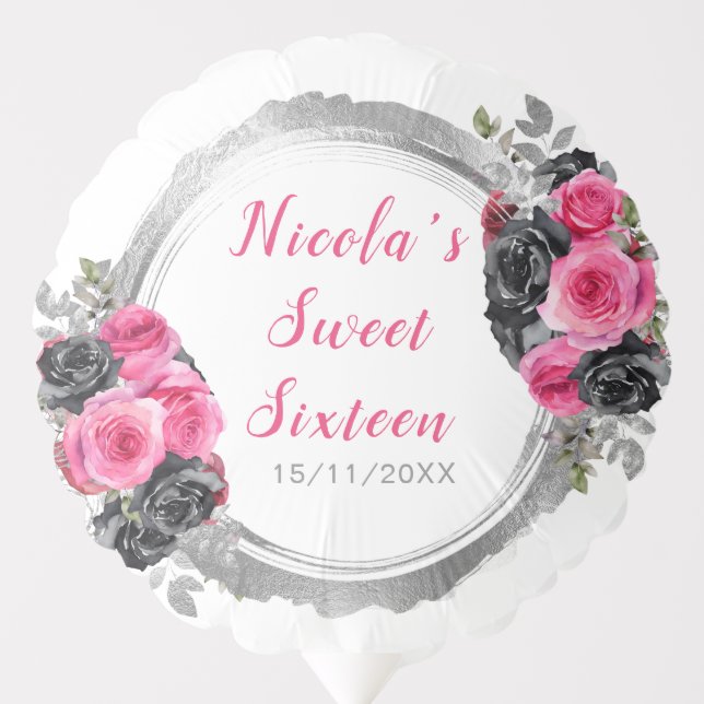 Hot Pink and Silver Elegant Flowers Sweet Sixteen Balloon (Front)