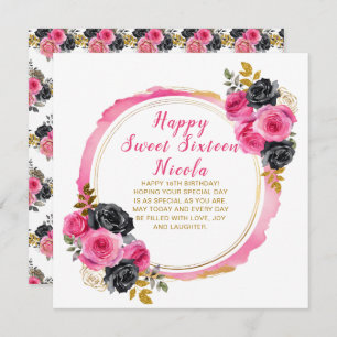 Hot Pink and Silver Elegant Flowers Sweet Sixteen Card