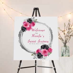 Hot Pink and Silver Elegant Flowers Sweet Sixteen Foam Board
