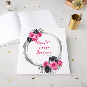 Hot Pink and Silver Elegant Flowers Sweet Sixteen Guest Book
