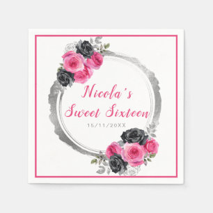 Hot Pink and Silver Elegant Flowers Sweet Sixteen Napkins