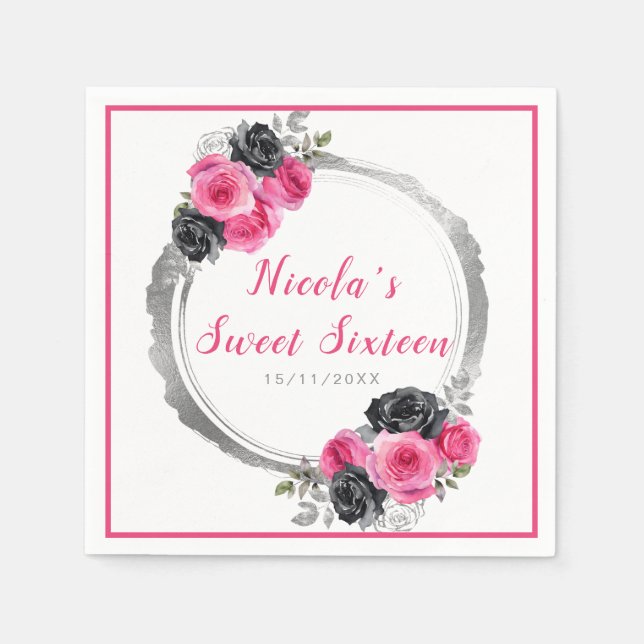 Hot Pink and Silver Elegant Flowers Sweet Sixteen Napkins (Front)