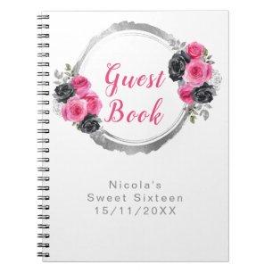 Hot Pink and Silver Elegant Flowers Sweet Sixteen Notebook