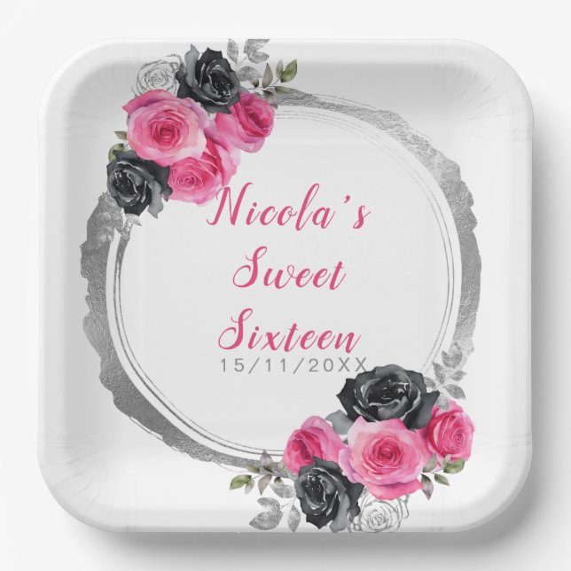 Hot Pink and Silver Elegant Flowers Sweet Sixteen Paper Plates (Front)