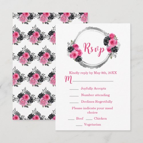 Hot Pink and Silver Elegant Flowers Sweet Sixteen RSVP Card