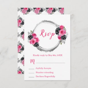 Hot Pink and Silver Elegant Flowers Sweet Sixteen RSVP Card