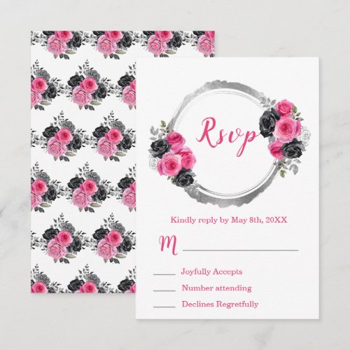 Hot Pink and Silver Elegant Flowers Sweet Sixteen RSVP Card