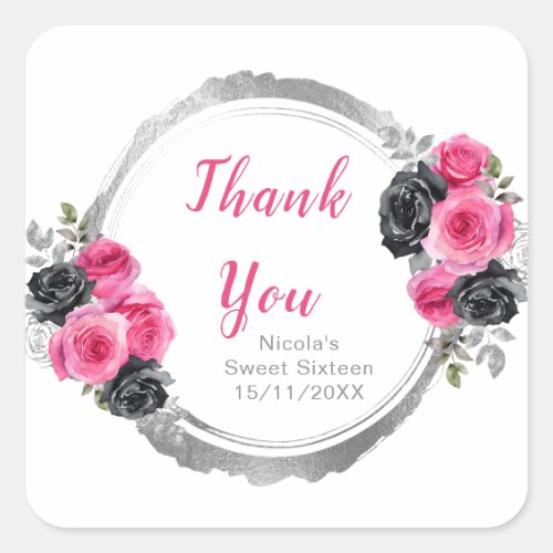 Hot Pink and Silver Elegant Flowers Sweet Sixteen Square Sticker