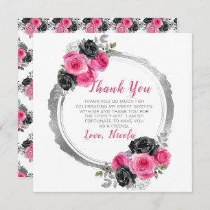 Hot Pink and Silver Elegant Flowers Sweet Sixteen Thank You Card