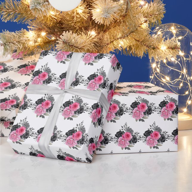 Hot Pink and Silver Elegant Flowers Wrapping Paper (Holidays)