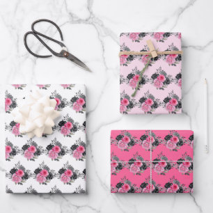 Hot Pink and Silver Elegant Flowers Wrapping Paper Sheets