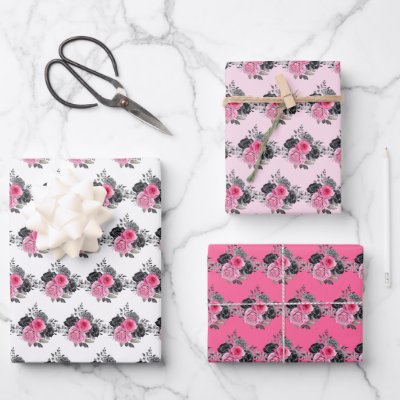 Hot Pink and Silver Elegant Flowers Wrapping Paper Sheets