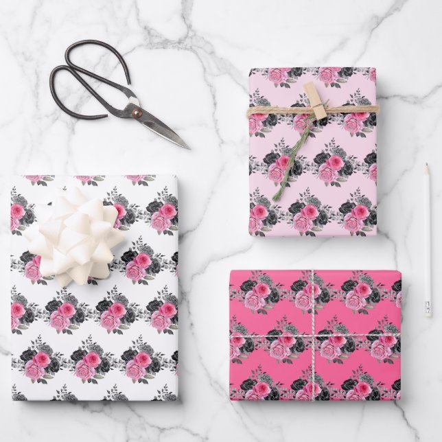 Hot Pink and Silver Elegant Flowers Wrapping Paper Sheets (Front)