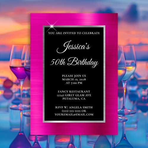 Hot Pink and Silver Foil Black 50th Birthday Invitation