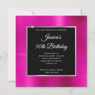 Hot Pink and Silver Foil Black 50th Birthday Invitation