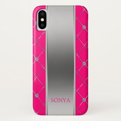 Hot Pink And Silver Geometric Shapes Diamonds iPhone X Case