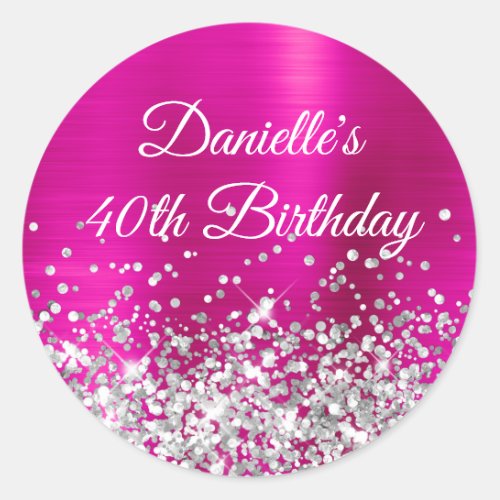 Hot Pink and Silver Glitter 40th Birthday Classic Round Sticker
