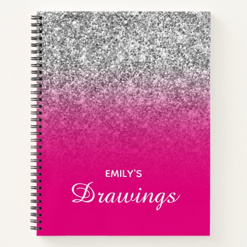 Hot Pink and Silver Glitter Ombre Drawing Notebook