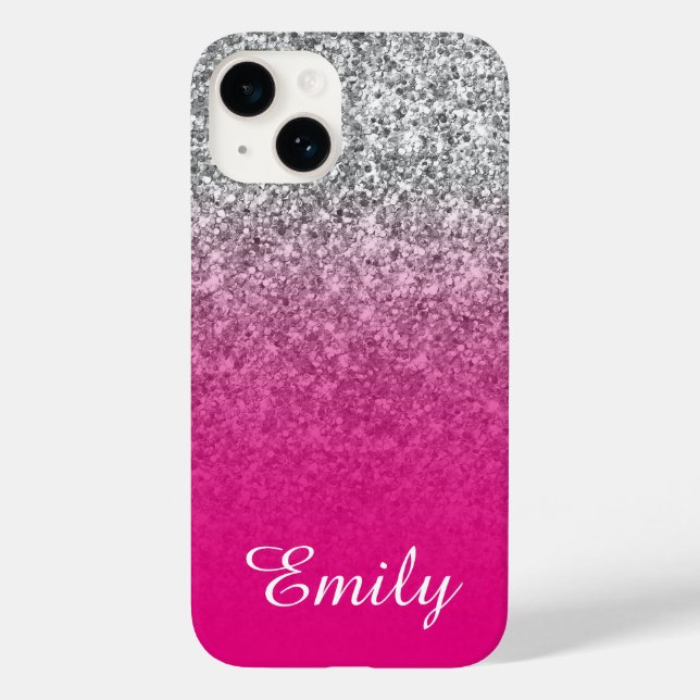 Hot Pink and Silver Glitter Ombre Personalized Case-Mate iPhone Case (Back)