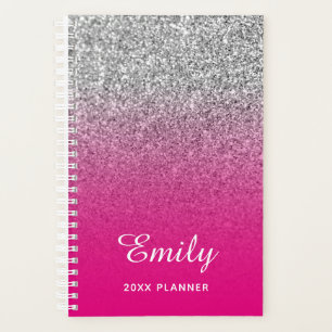 Hot Pink and Silver Glitter Ombre Personalized Planner