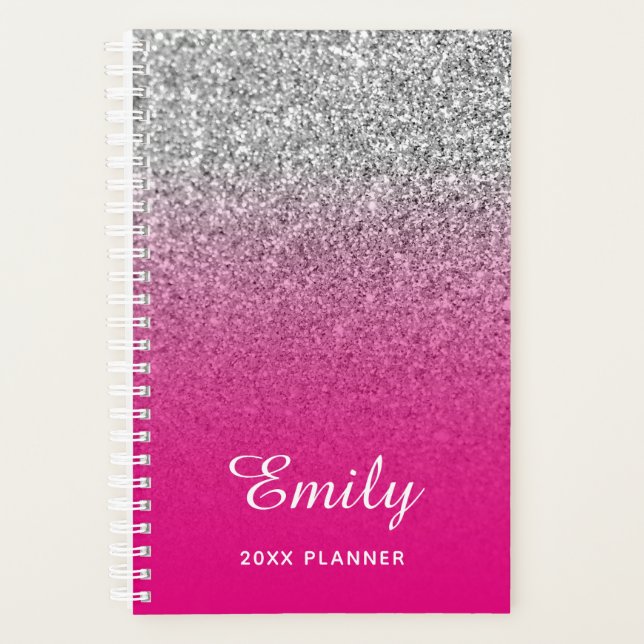 Hot Pink and Silver Glitter Ombre Personalized Planner (Front)