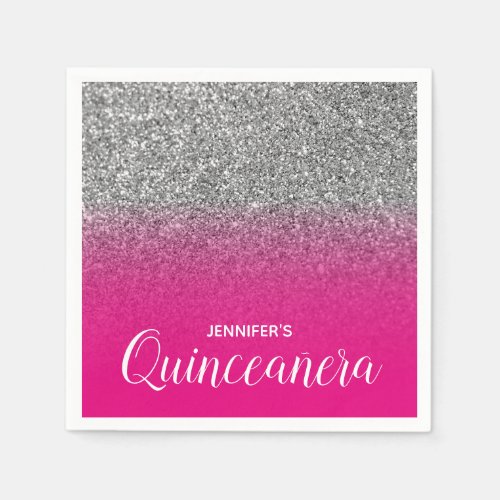 Hot Pink and Silver Glitter Ombre Quinceanera Napkins