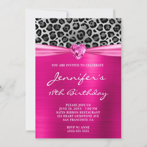 Hot Pink and Silver Leopard Foil 18th Birthday Invitation