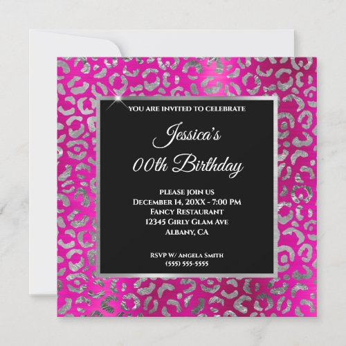 Hot Pink and Silver Leopard Foil Girly Birthday Invitation