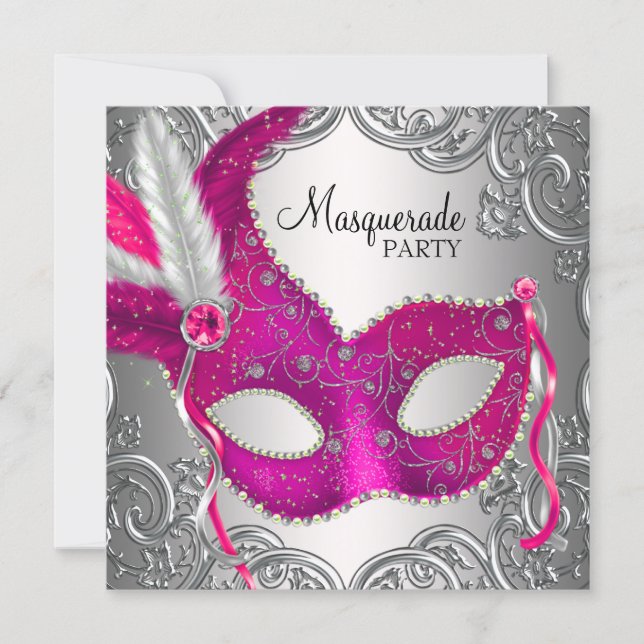 Hot Pink and Silver Mask Masquerade Party Invitation (Front)
