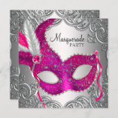Hot Pink and Silver Mask Masquerade Party Invitation (Front/Back)