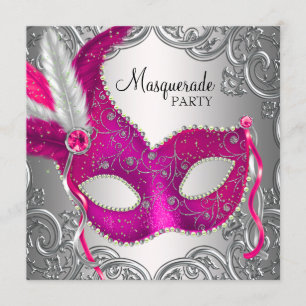 Hot Pink and Silver Mask Masquerade Party Invitation
