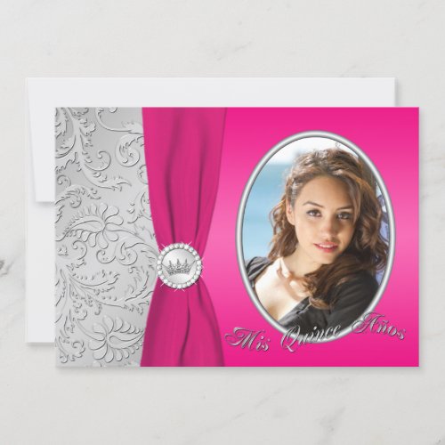 Hot Pink and Silver Photo Quinceanera Invitation