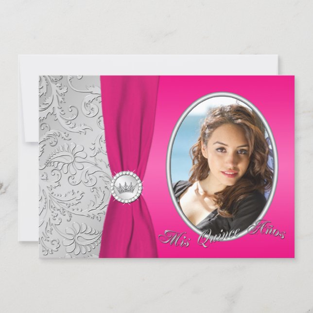 Hot Pink and Silver Photo Quinceanera Invitation (Front)