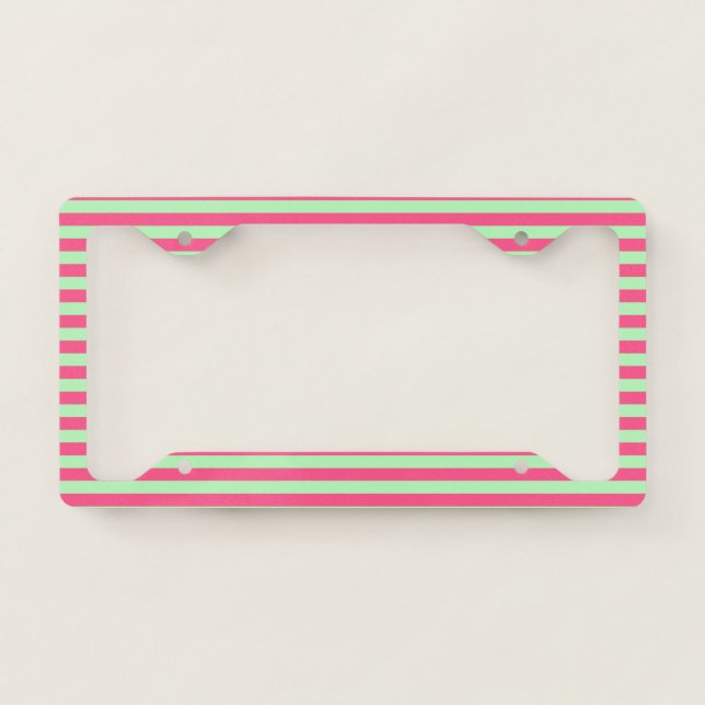 Hot Pink and Soft Green Stripes License Plate Frame (Front)