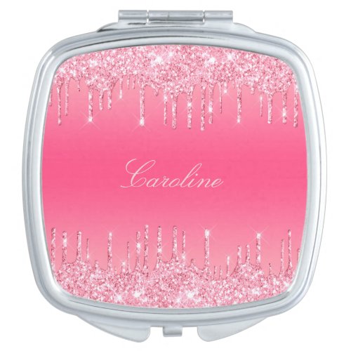 Hot Pink And Sparkling Silver Glitter Drips Compact Mirror