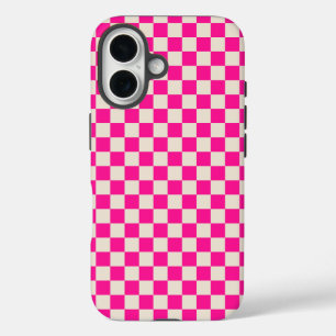 Hot pink and tan checkerboard pattern iPhone 16 case