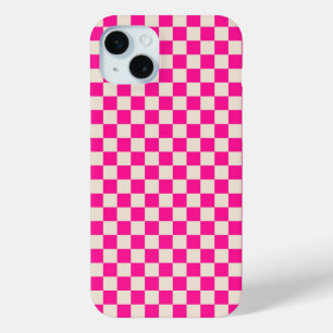 Hot pink and tan checkerboard pattern iPhone 15 plus case