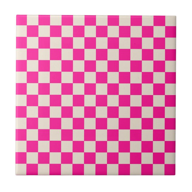 Hot pink and tan checkerboard pattern ceramic tile (Front)