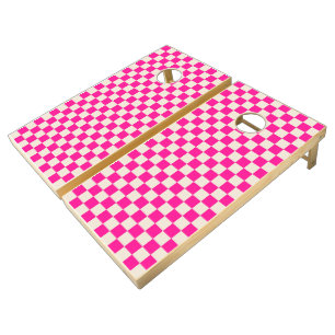 Hot pink and tan checkerboard pattern cornhole set