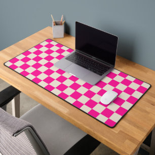 Hot pink and tan checkerboard pattern desk mat