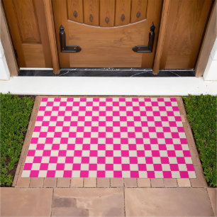 Hot pink and tan checkerboard pattern doormat