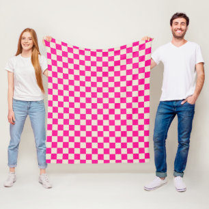 Hot pink and tan checkerboard pattern fleece blanket